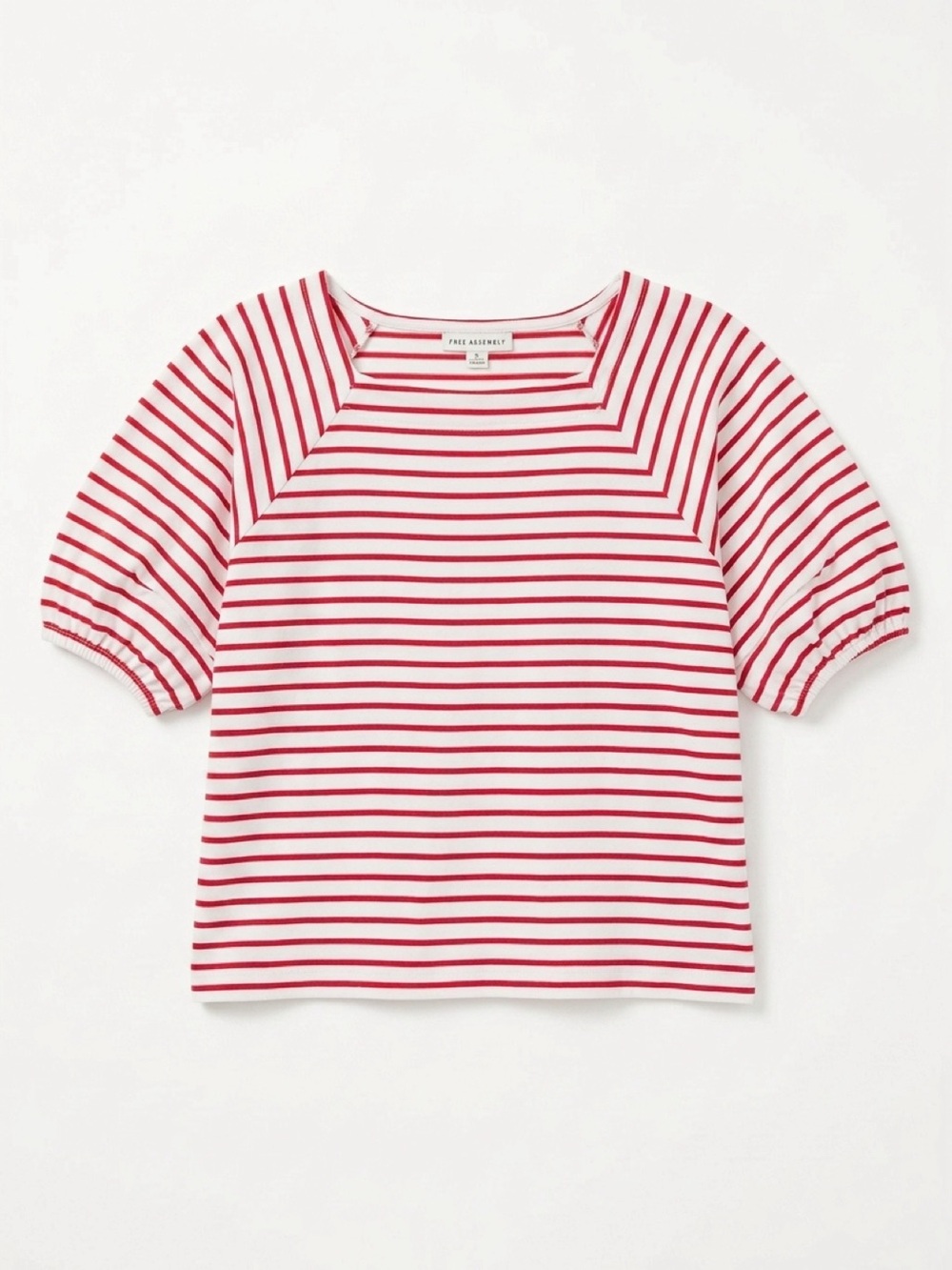 Stripe Puff-Sleeve All Cotton French Terry Tee in Red and White by Free Assembly